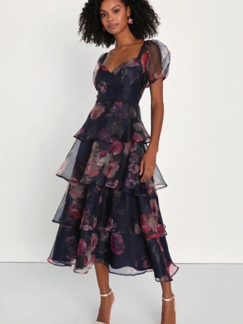 Floral Tiered Midi Dress in Navy and Rose